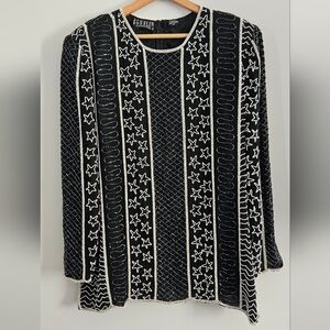 Vintage Jakelin Designs Black White Star Pattern Beaded Silk Dress Glamour Sz 1X
